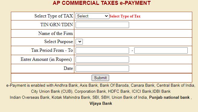 Andhra Pradesh pay Commercial Taxes online