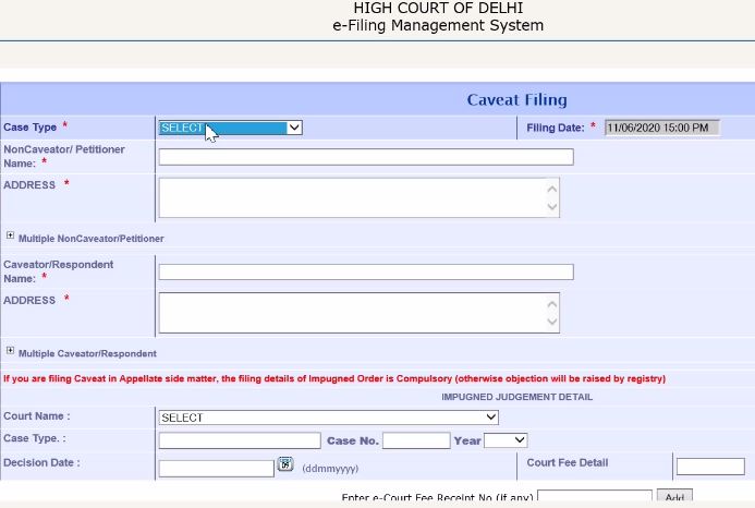 Delhi High Court Caveat Filing online