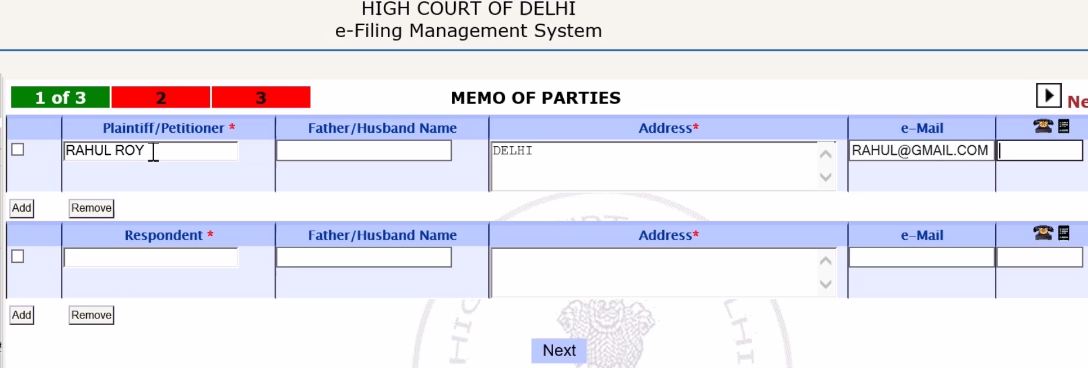 Delhi High Court Petition online Memo of Parties