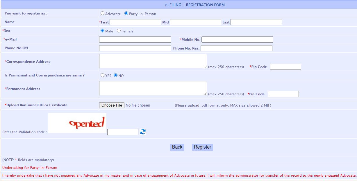 Delhi High Court Party in Person Registration