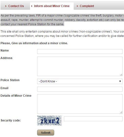 Report Minor Crime online - Ghandhi Nagar Police