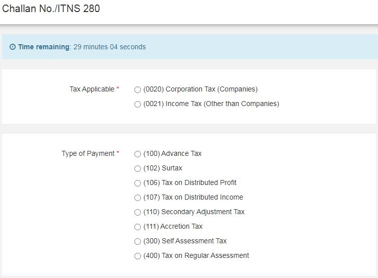 Income Tax challan ITNS 280