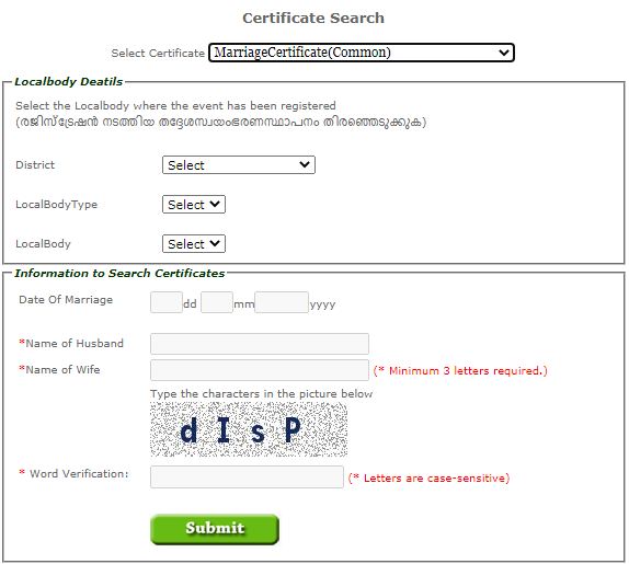 Kerala Search Marriage Certificate common online