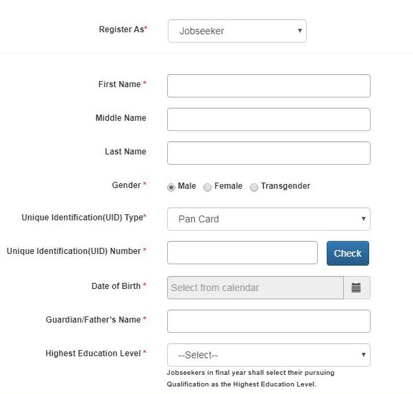 NCS Job Seeker Registration Menu