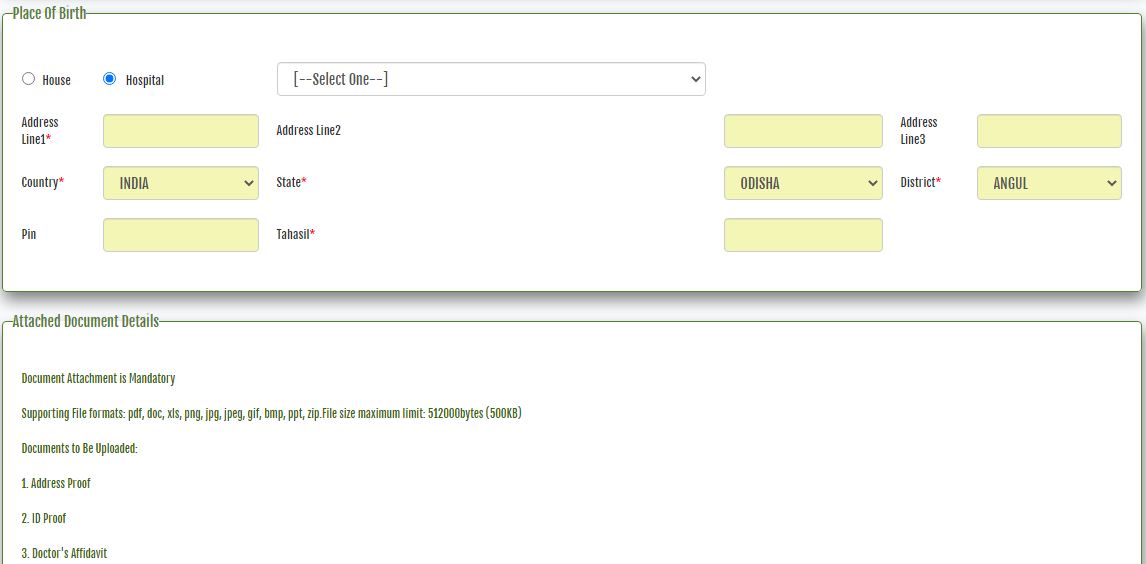 Odisha Birth Registration Plce of birth