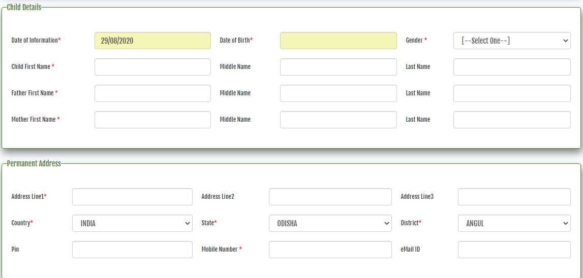 Odisha Birth Registration Child Details