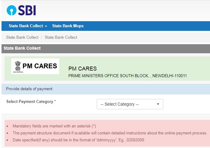 PM Cares online SBI Menu