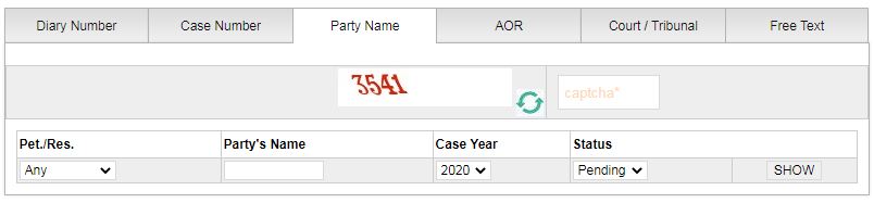 Supreme Court case status by Party name